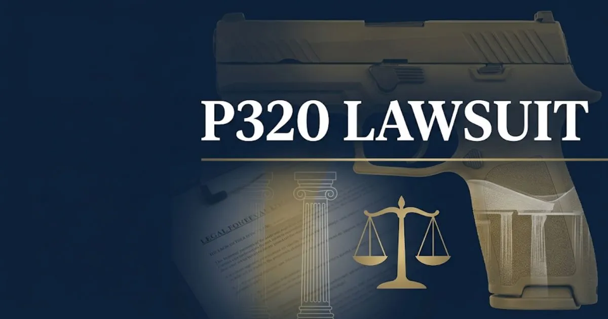 P320 lawsuit 2026 updates banner with legal scales and firearm silhouette on navy background