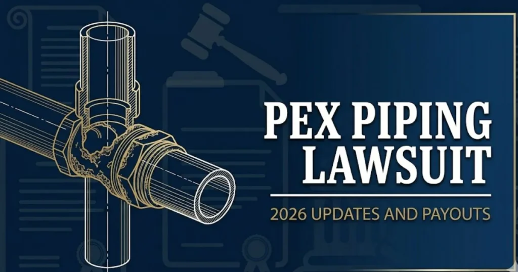 PEX piping lawsuit 2026 banner with corroded brass fitting illustration and legal icons