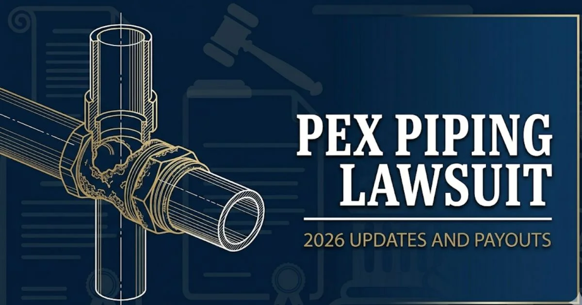 PEX piping lawsuit 2026 banner with corroded brass fitting illustration and legal icons