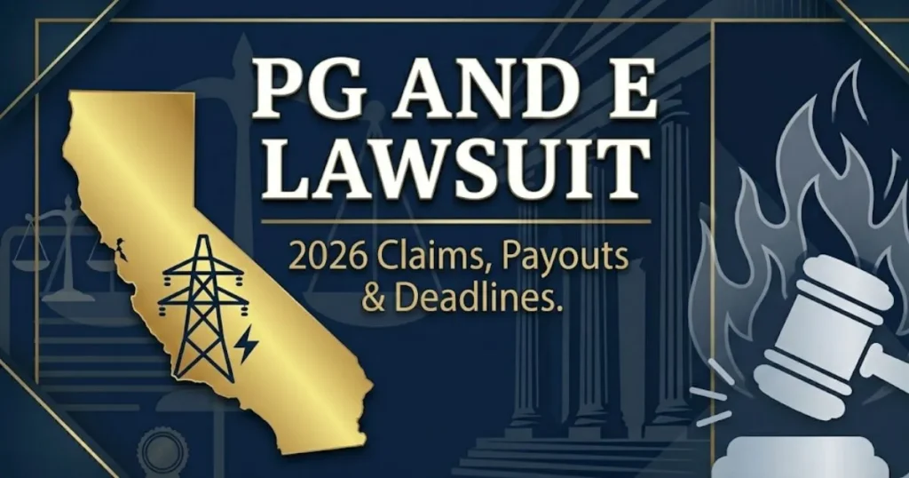 PG and E lawsuit 2026 legal banner showing California map, power lines, gavel icons, and claim deadline text