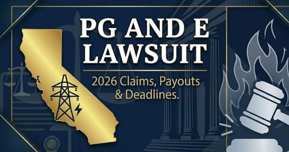 PG and E lawsuit 2026 legal banner showing California map, power lines, gavel icons, and claim deadline text