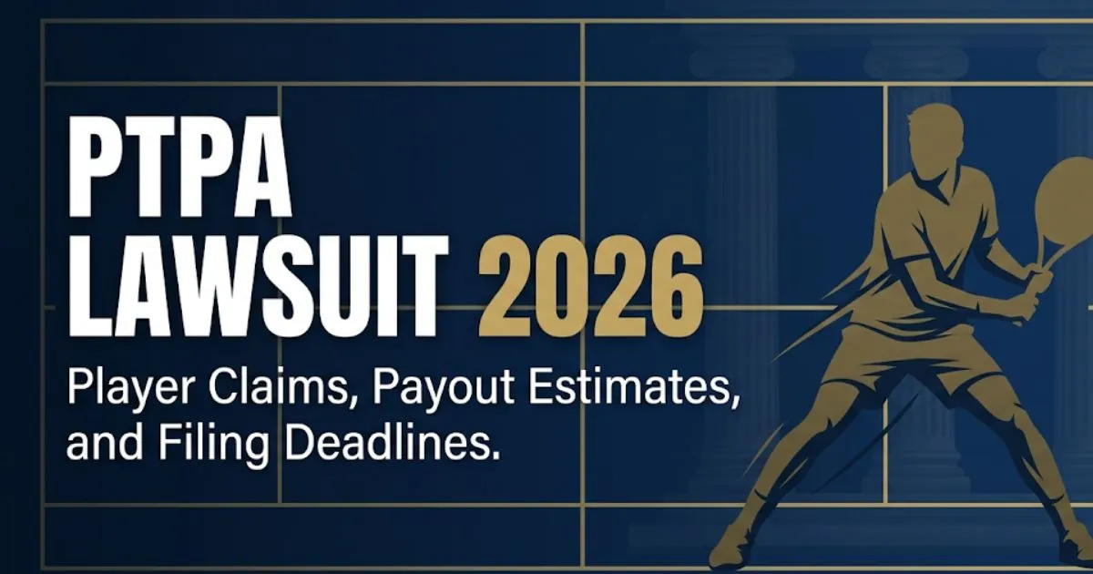 PTPA lawsuit 2026 banner with headline text and abstract player silhouette against a navy and gold legal-themed background.