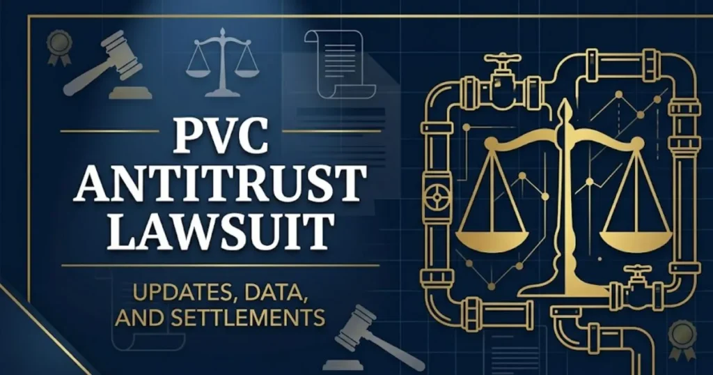 PVC antitrust lawsuit 2026 legal banner showing pipe silhouette and scales of justice on navy background