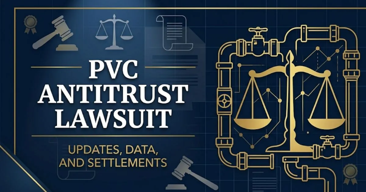 PVC antitrust lawsuit 2026 legal banner showing pipe silhouette and scales of justice on navy background