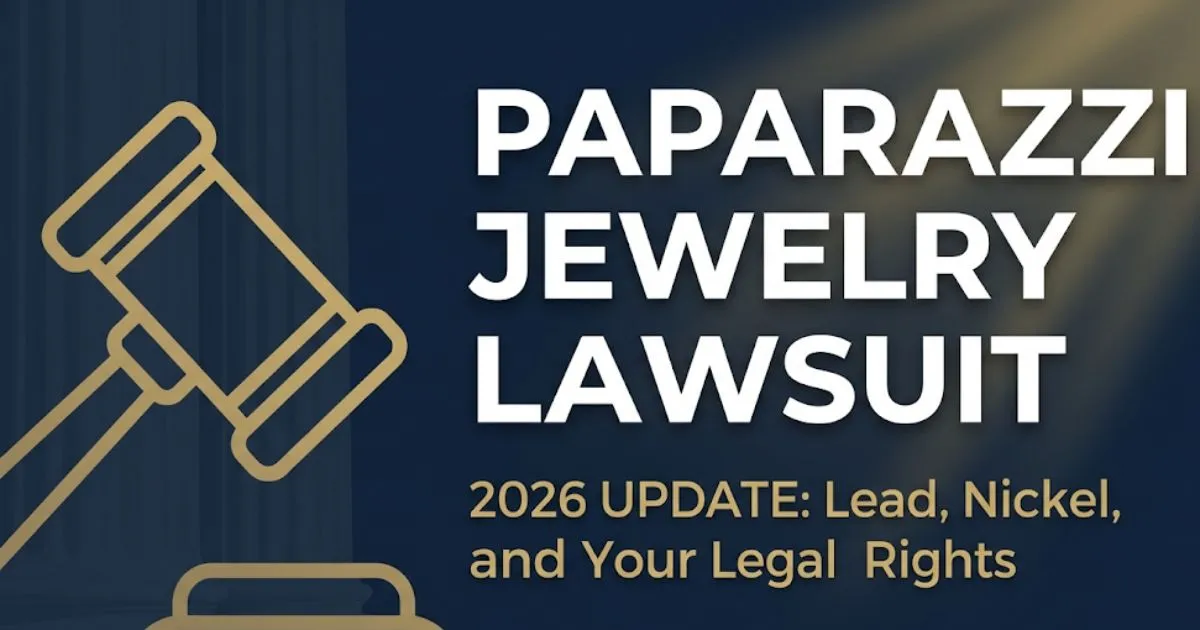 Paparazzi jewelry lawsuit 2026 legal banner with gavel icon and gold headline on navy background