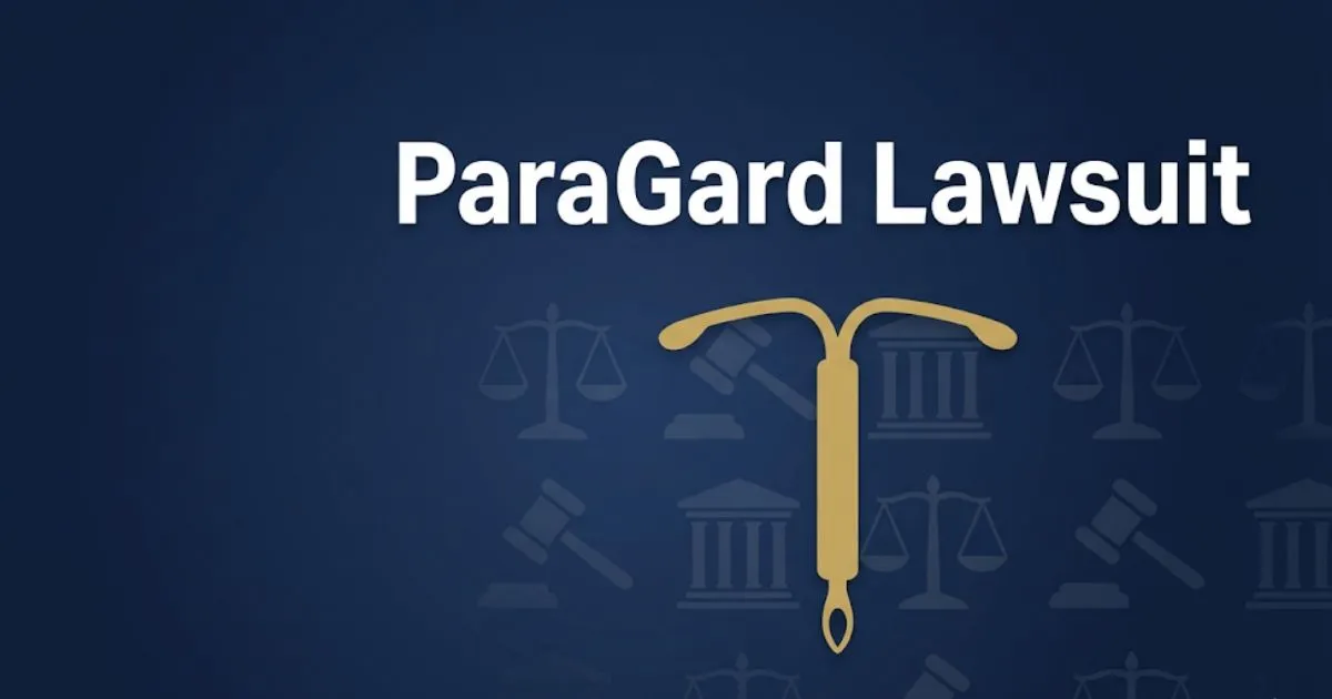 ParaGard lawsuit 2026 blog banner with IUD silhouette and legal symbols on navy background