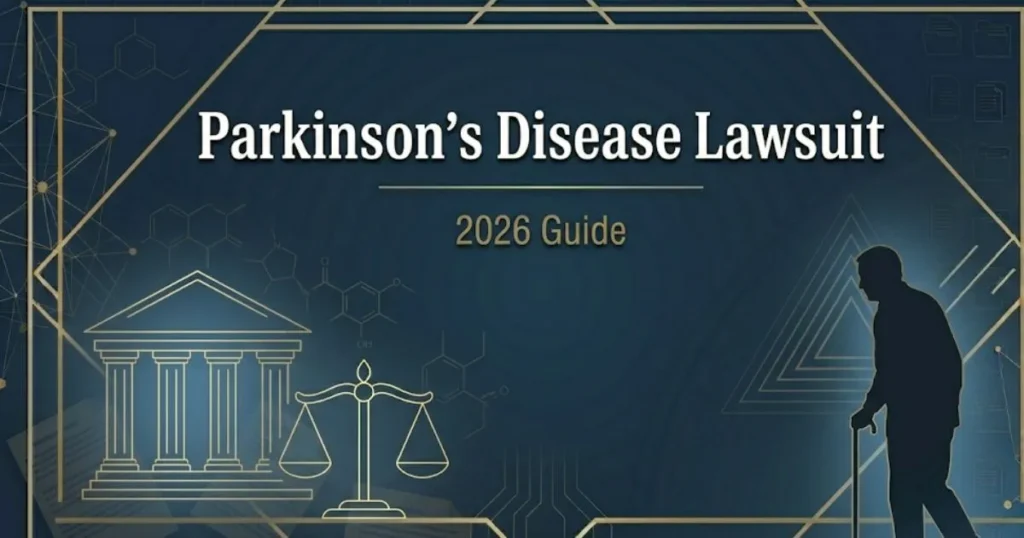 Parkinson's disease lawsuit 2026 guide banner with legal symbols and navy gold design