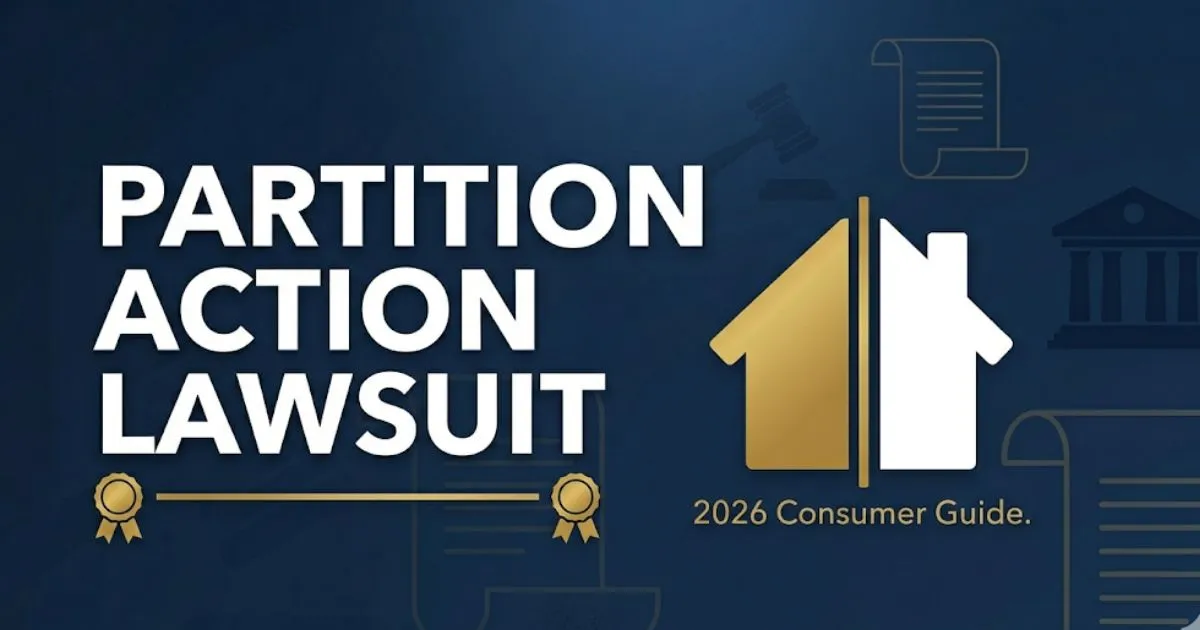Partition action lawsuit blog banner showing split property silhouette with legal icons on deep navy background