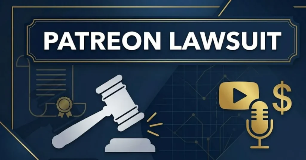 Patreon lawsuit 2026 blog banner with gavel and creator economy icons on navy background MAIN KEYWORD {{patreon lawsuit}} CLUSTER KEYWORDS {{paste cluster keywords, separated by or one per