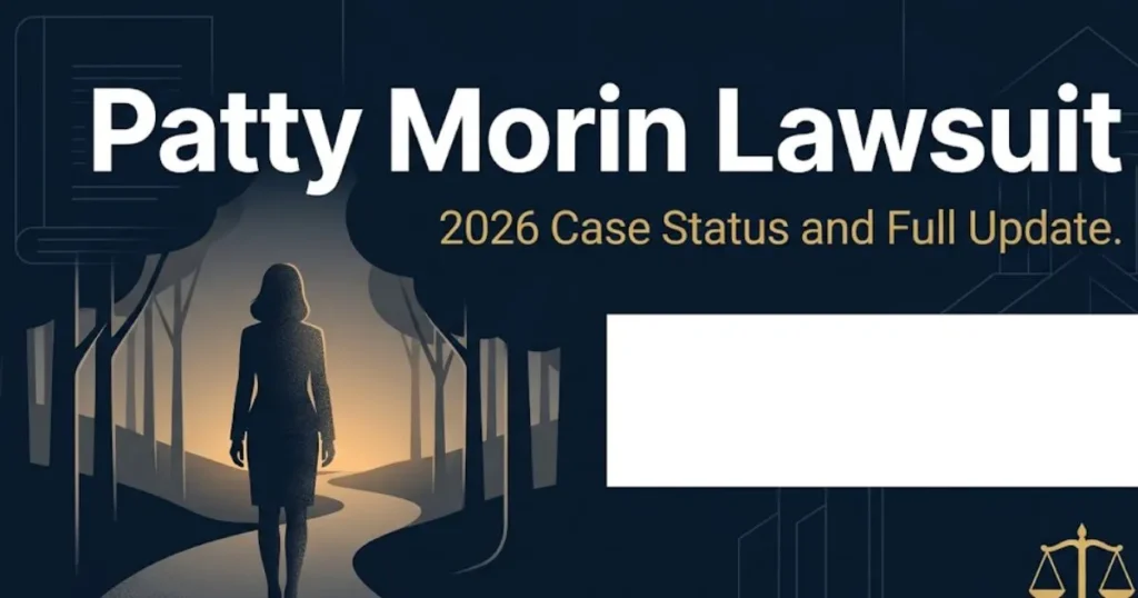 Patty Morin lawsuit 2026 case update banner with legal scales and Maryland trail silhouette in navy and gold