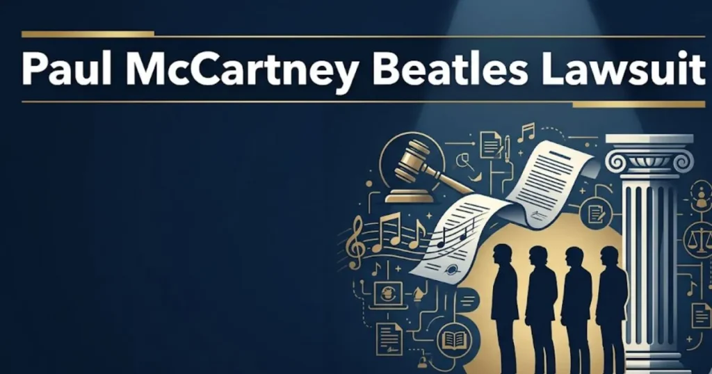 Paul McCartney Beatles lawsuit infographic showing 1970 and 2017 legal cases with legal symbols and music notes on navy background