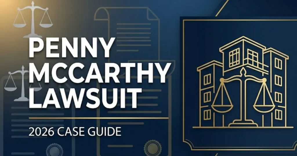 Penny McCarthy Lawsuit 2026 legal case guide banner with courthouse silhouette and bold headline text on navy background