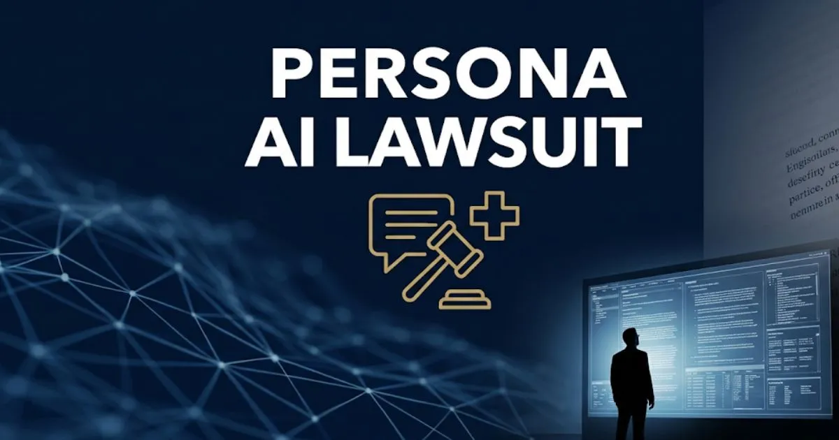 Persona AI lawsuit 2026 legal banner showing gavel, chatbot icon, and gold accents on navy background