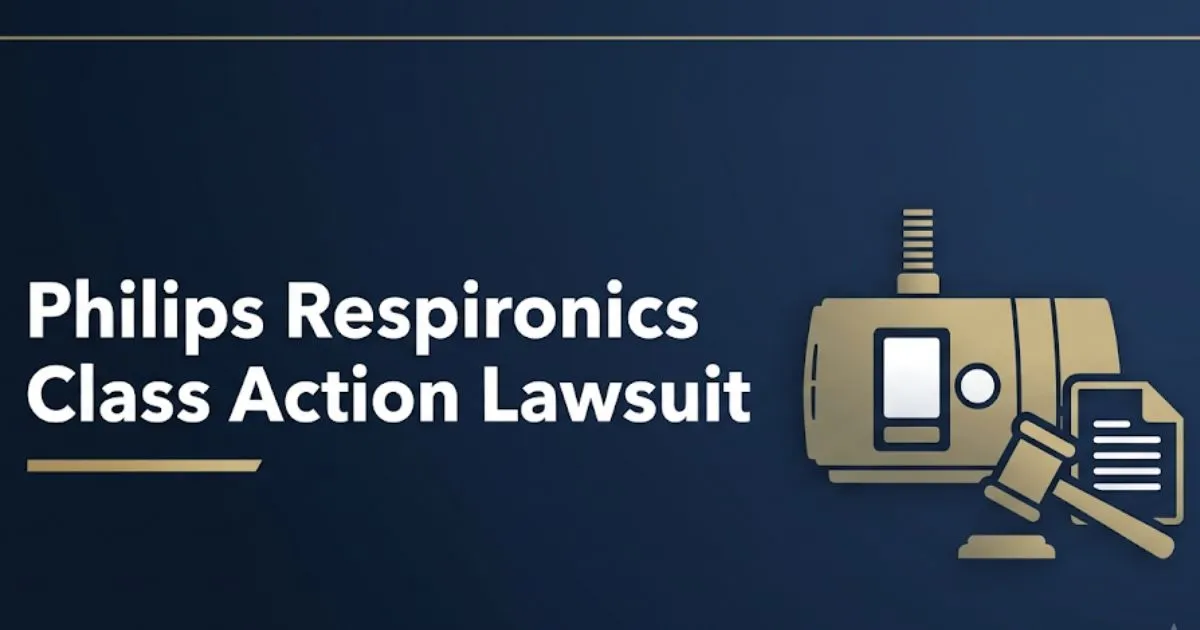 Philips Respironics class action lawsuit 2026 guide banner with legal gavel and CPAP device silhouette on navy background