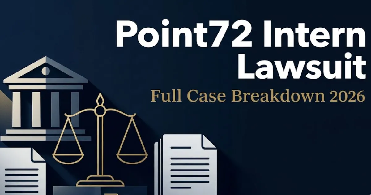 Point72 intern lawsuit breakdown 2026 showing scales of justice and legal case details against navy background