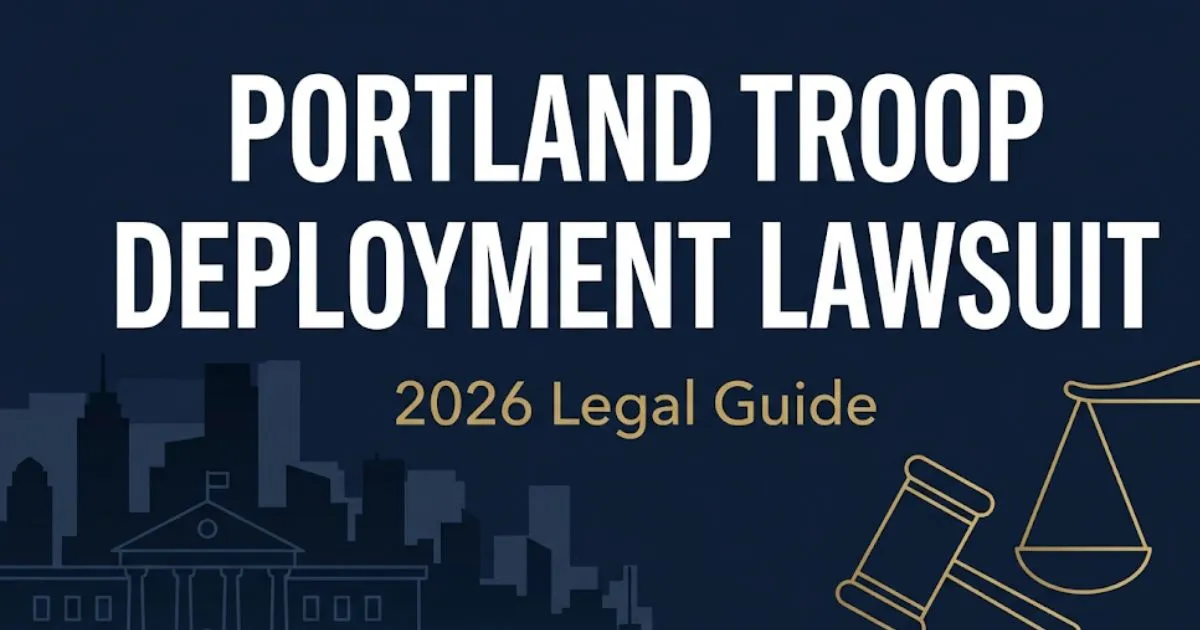 Portland troop deployment lawsuit 2026 legal guide banner with courthouse silhouette and scales of justice