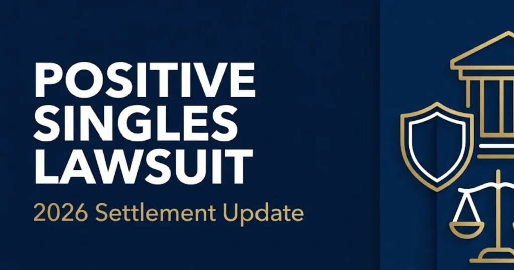 Positive Singles Lawsuit 2026 settlement update banner with legal icons and courthouse silhouette on navy background