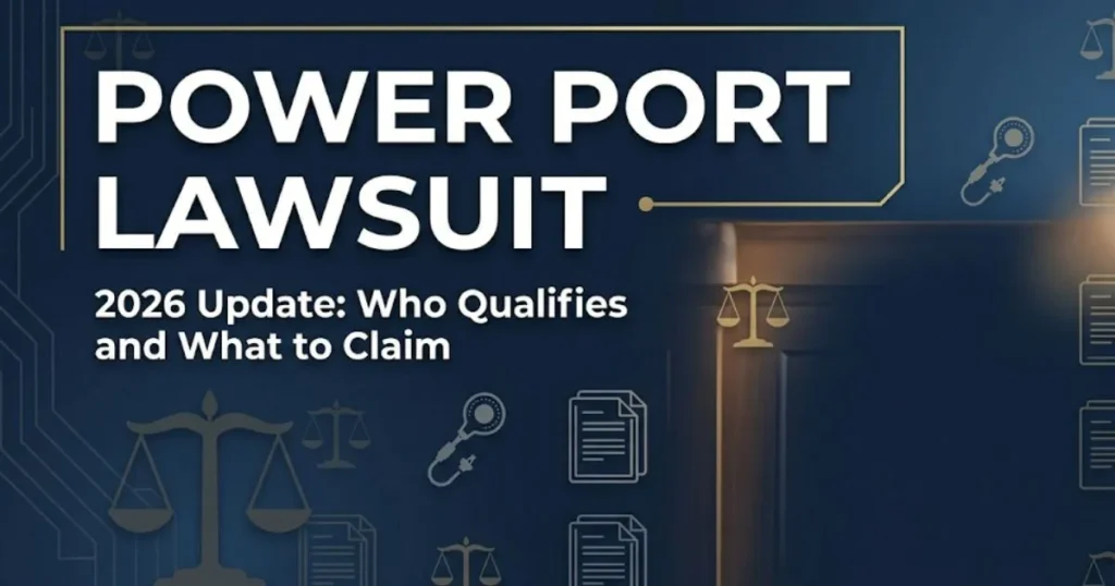 Power port lawsuit 2026 banner showing legal scales and catheter icons with bold headline text on navy background