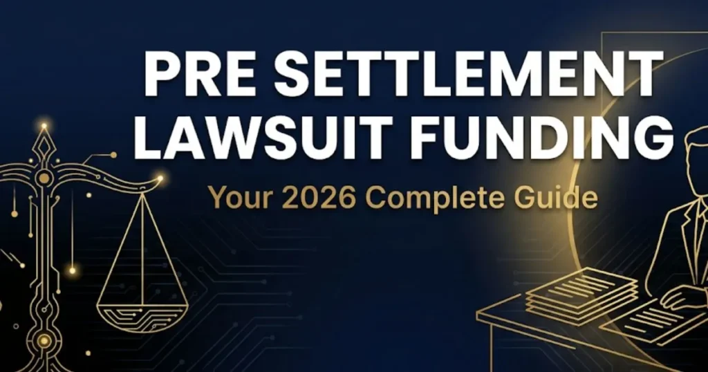 Pre settlement lawsuit funding 2026 guide banner with legal scales and document silhouettes on navy background