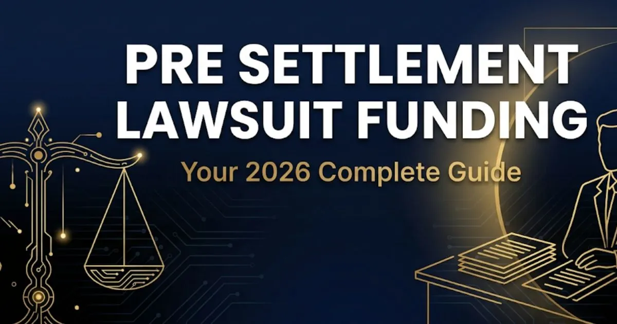 Pre settlement lawsuit funding 2026 guide banner with legal scales and document silhouettes on navy background