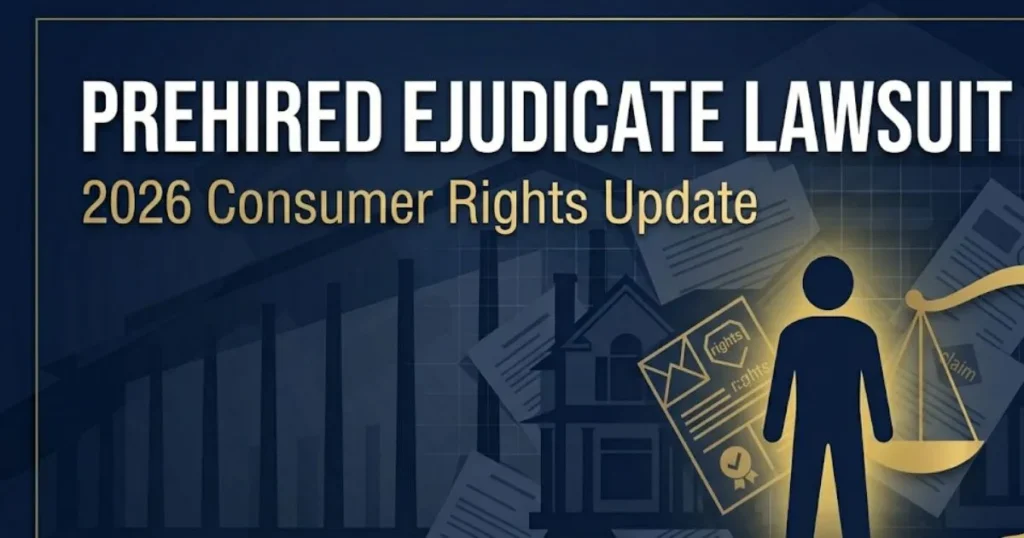 PreHired eJudicate lawsuit 2026 guide banner with legal scale silhouette and bold headline text on navy background
