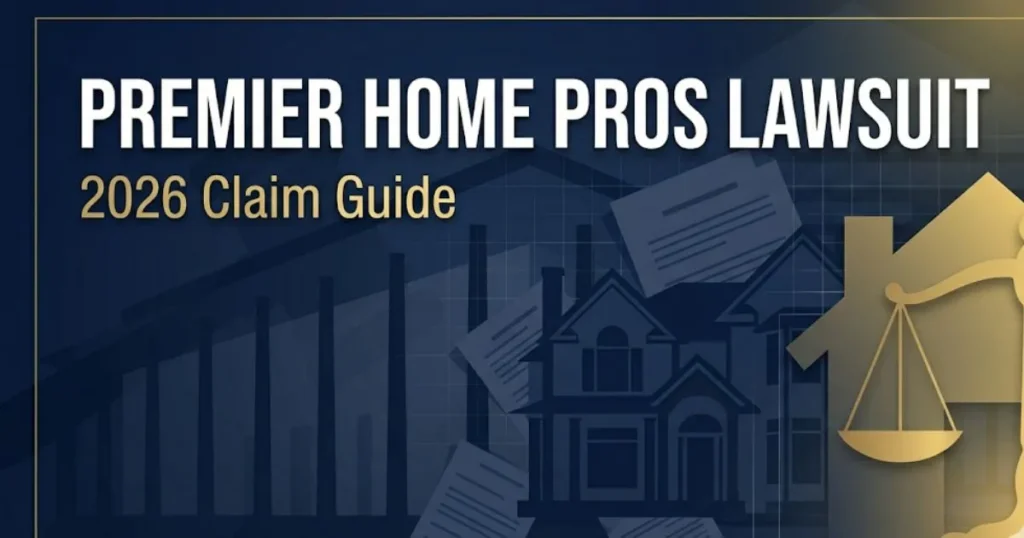 Premier Home Pros Lawsuit 2026 banner with legal scale and house silhouette on navy background