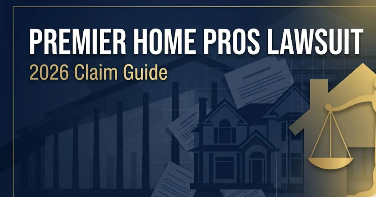 Premier Home Pros Lawsuit 2026 banner with legal scale and house silhouette on navy background