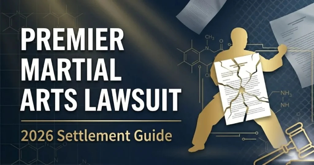 Premier Martial Arts lawsuit legal banner with contract and gavel iconography for 2026 settlement guide.