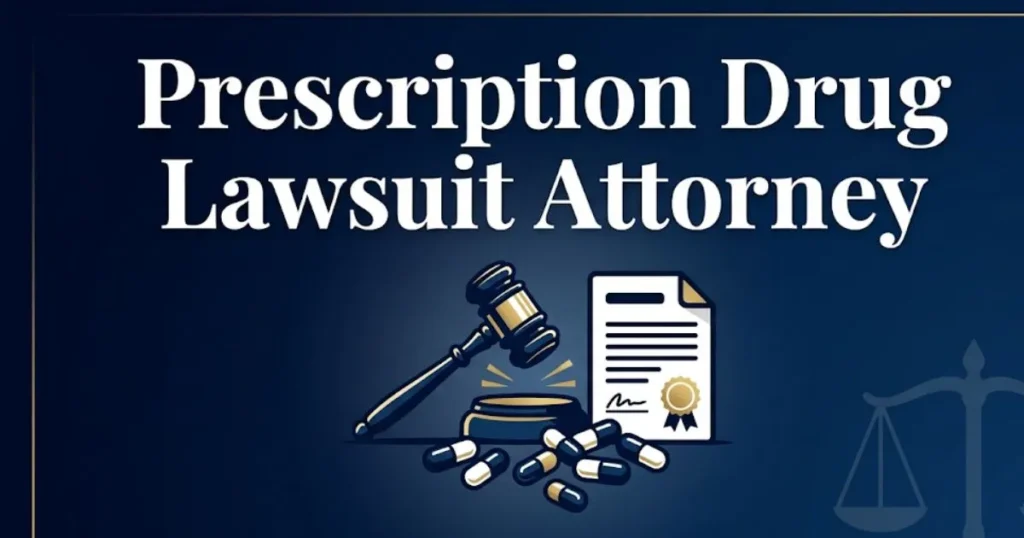 Prescription drug lawsuit attorney 2026 guide with legal symbols and pill icons on navy background