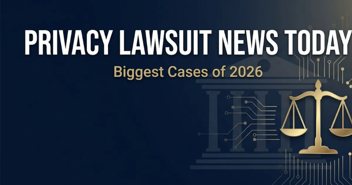 Privacy lawsuit news today 2026 blog banner showing legal symbols, courthouse silhouette, and settlement case headlines.
