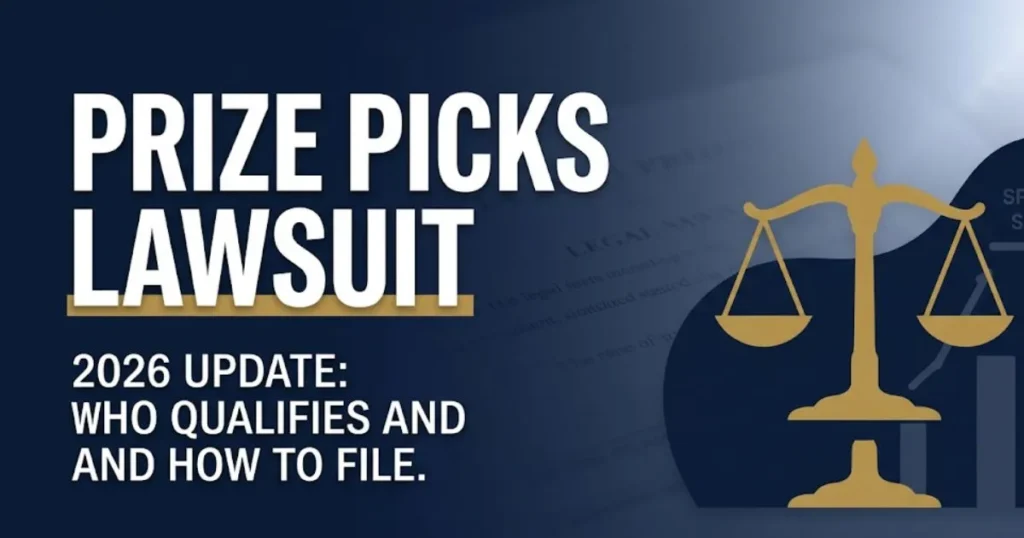 Prize picks lawsuit 2026 blog banner with justice scale icon and bold legal headline on navy background MAIN KEYWORD {{prize picks lawsuit}} CLUSTER KEYWORDS {{paste cluster keywords, separa