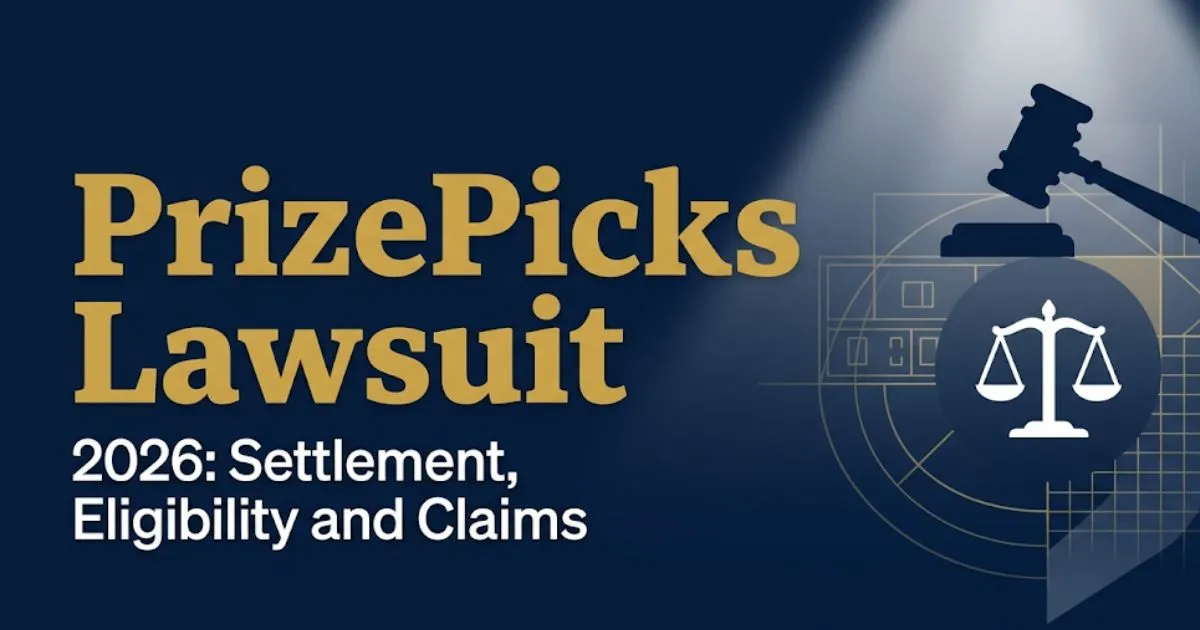 PrizePicks lawsuit 2026 blog banner showing legal scale and gavel icons with bold headline text on navy background