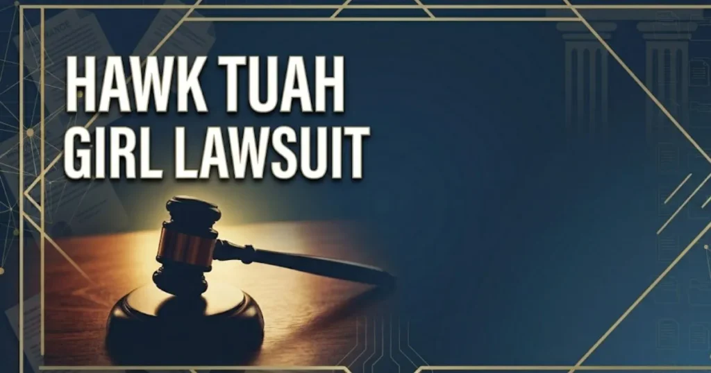 Professional legal banner featuring the text HAWK TUAH GIRL LAWSUIT with a gavel and courtroom background.