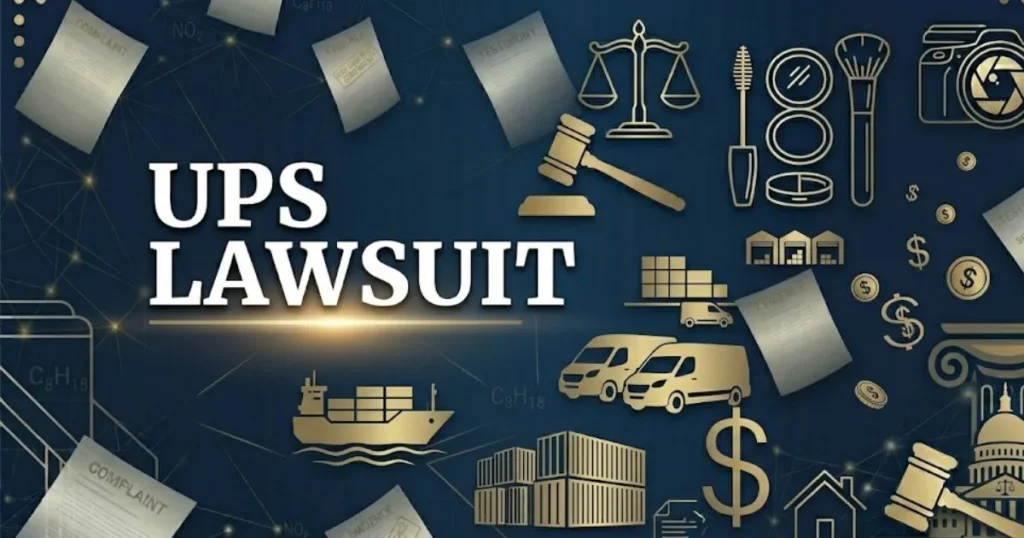 Professional legal banner with UPS LAWSUIT headline over an abstract background of scales of justice and logistics.