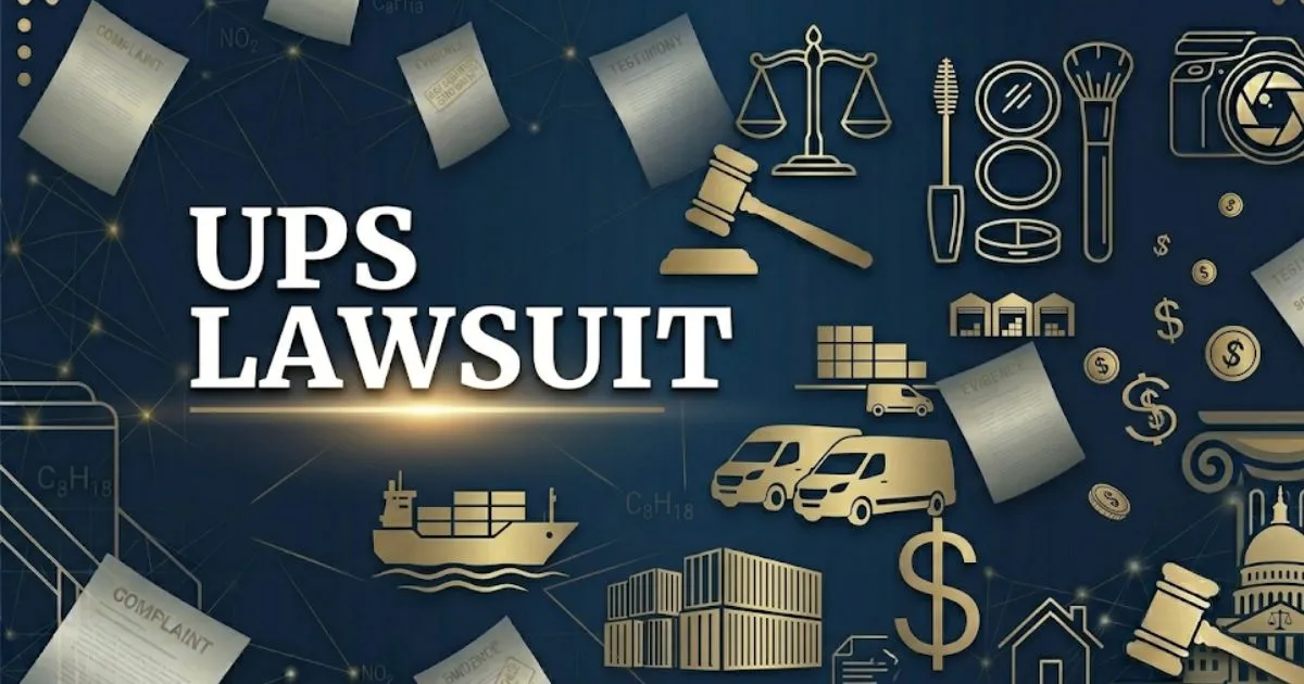 Professional legal banner with UPS LAWSUIT headline over an abstract background of scales of justice and logistics.