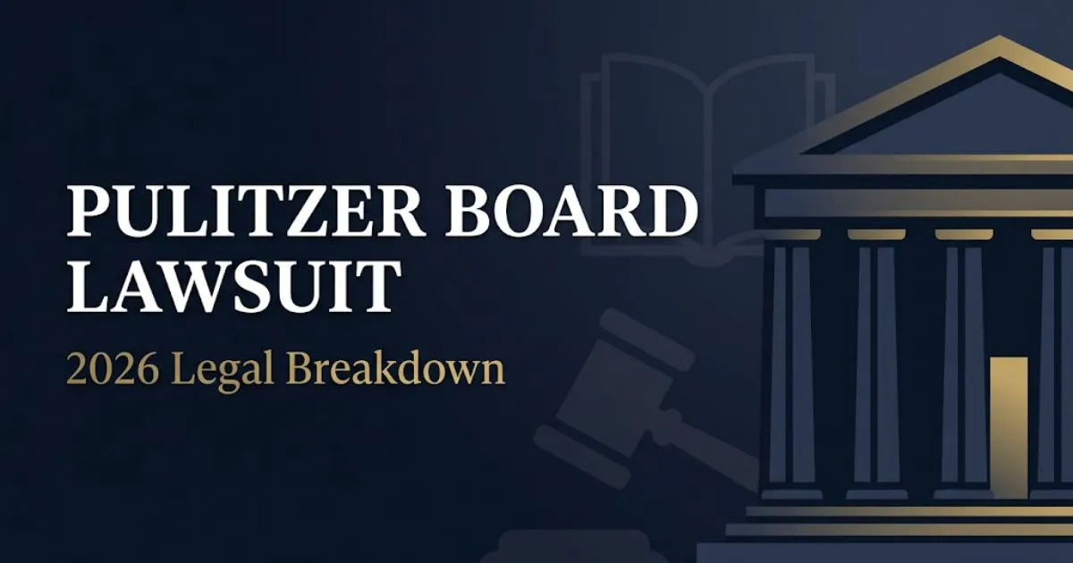 Pulitzer Board lawsuit 2026 legal breakdown banner with courthouse silhouette and gavel icon on navy background