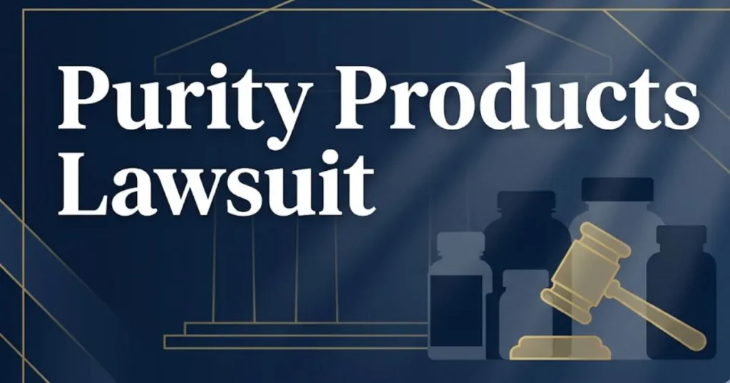 Purity products lawsuit 2026 legal update banner with gavel and supplement bottle icons
