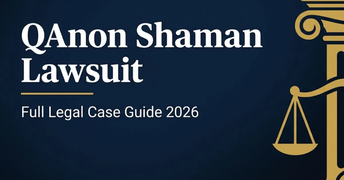 QAnon Shaman lawsuit legal case guide 2026 featuring courthouse silhouette and scales of justice on navy background