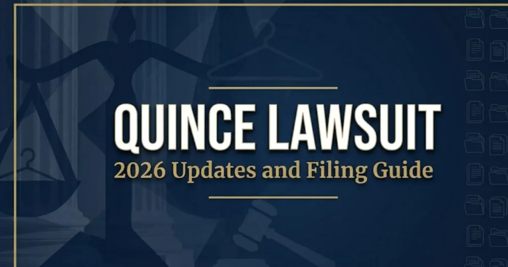 Quince lawsuit 2026 blog banner with legal scales and gavel on navy background