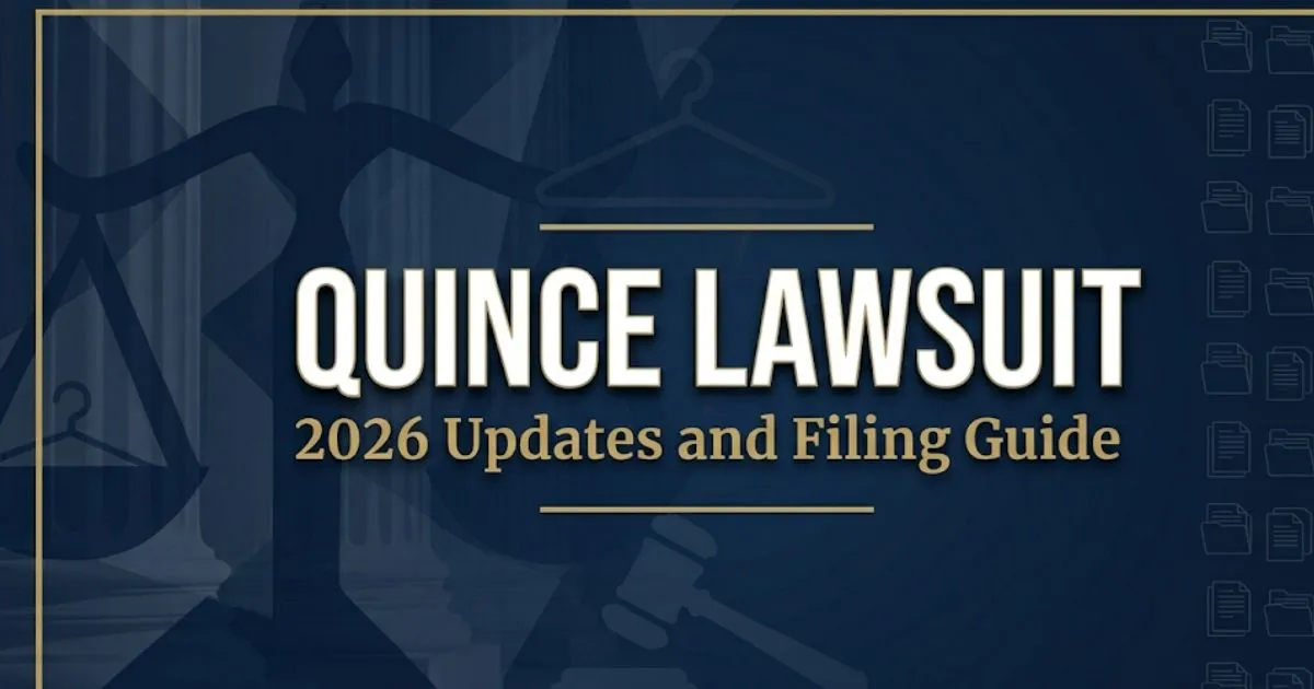 Quince lawsuit 2026 blog banner with legal scales and gavel on navy background
