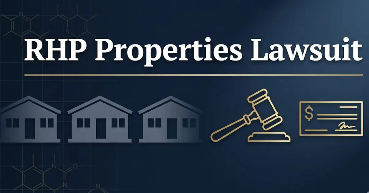 RHP Properties Lawsuit banner with manufactured home silhouettes and gold legal icons on navy background.