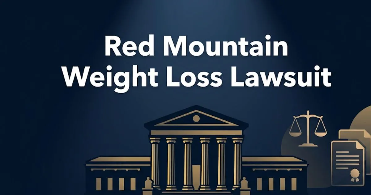 Red Mountain Weight Loss Lawsuit 2026 legal guide banner with courthouse silhouette and gold scale icons on navy background