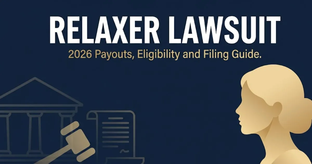Relaxer lawsuit 2026 hero banner showing legal symbols, silhouette figure, and bold headline text on navy background MAIN KEYWORD {{relaxer lawsuit}} CLUSTER KEYWORDS {{relaxer lawsuit payou