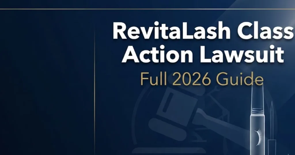 RevitaLash class action lawsuit 2026 guide banner with legal gavel icon and navy gold editorial design