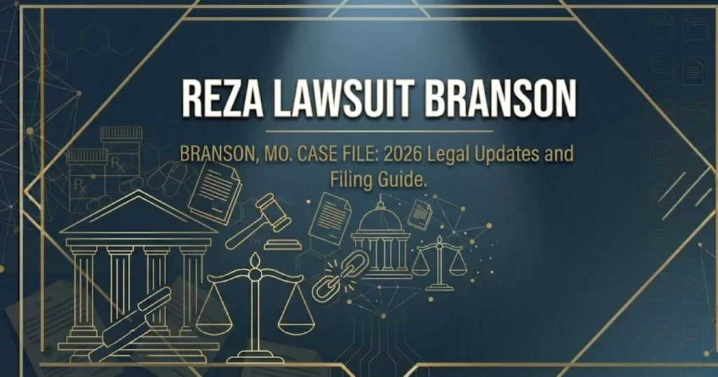 Reza Lawsuit Branson 2026 legal case breakdown banner with gavel and courthouse symbols on navy background