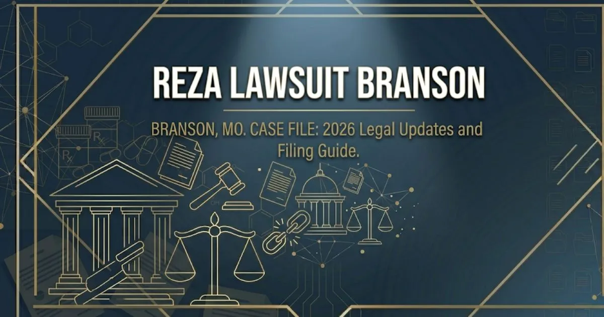 Reza Lawsuit Branson 2026 legal case breakdown banner with gavel and courthouse symbols on navy background