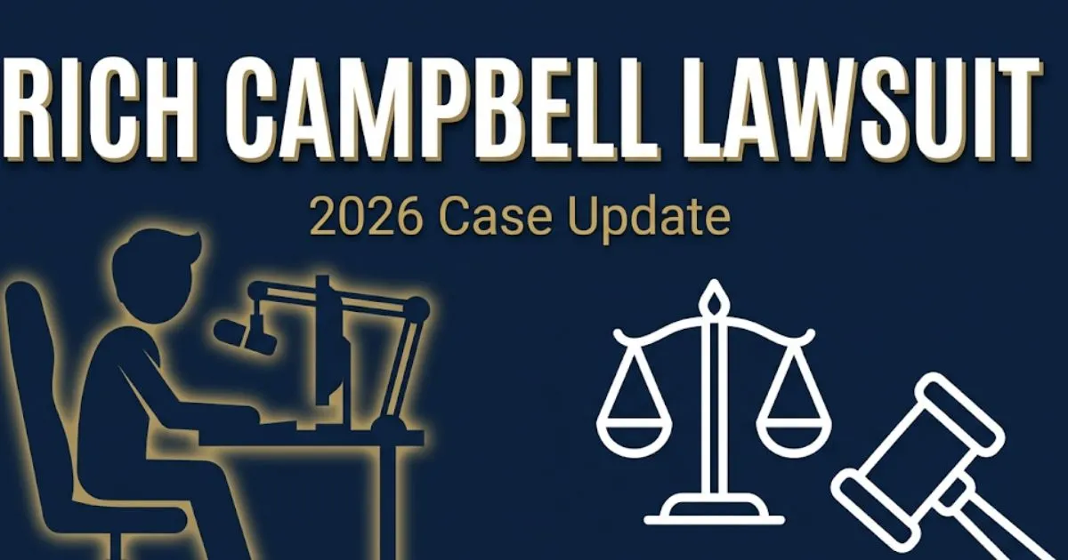 Rich Campbell lawsuit 2026 update banner showing legal scales and streaming silhouette on navy background