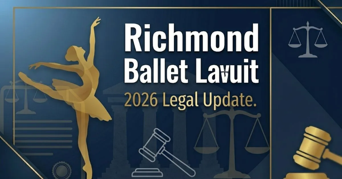 Richmond Ballet Lawsuit 2026 legal update banner with ballet silhouette and scales of justice icons on navy background