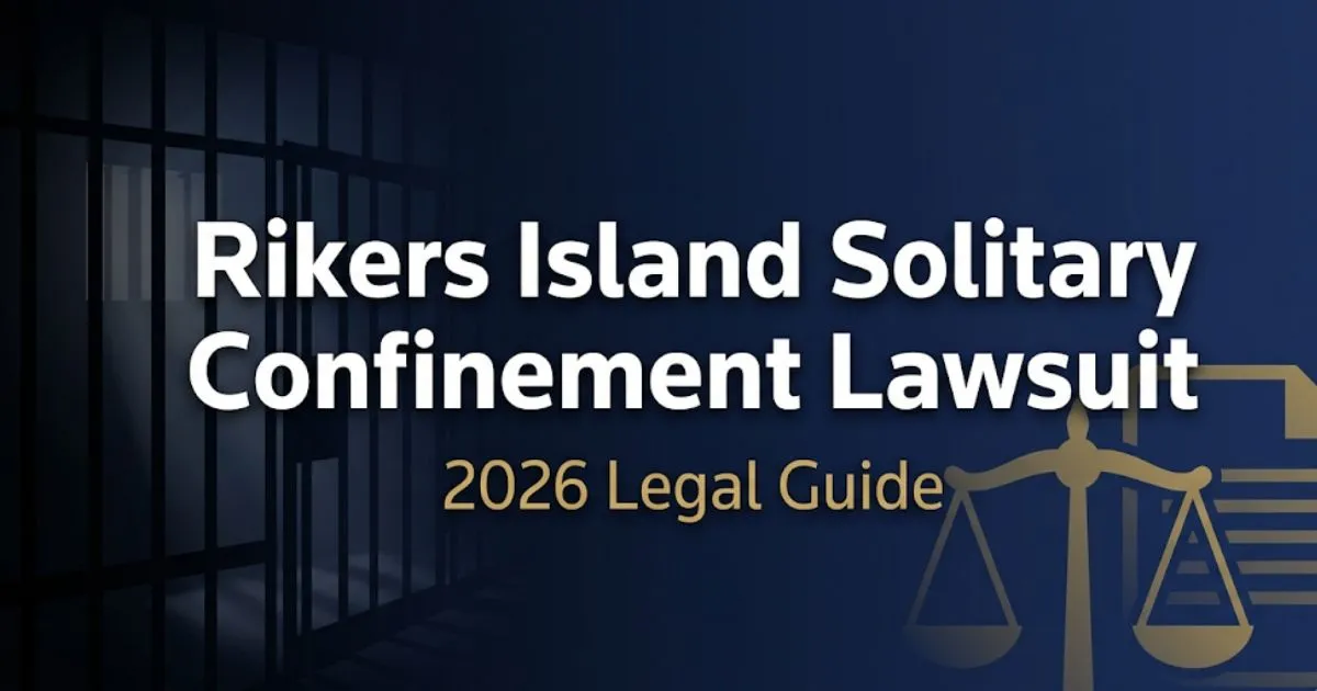 Rikers Island solitary confinement lawsuit 2026 legal guide banner with jail cell silhouette and balance scale