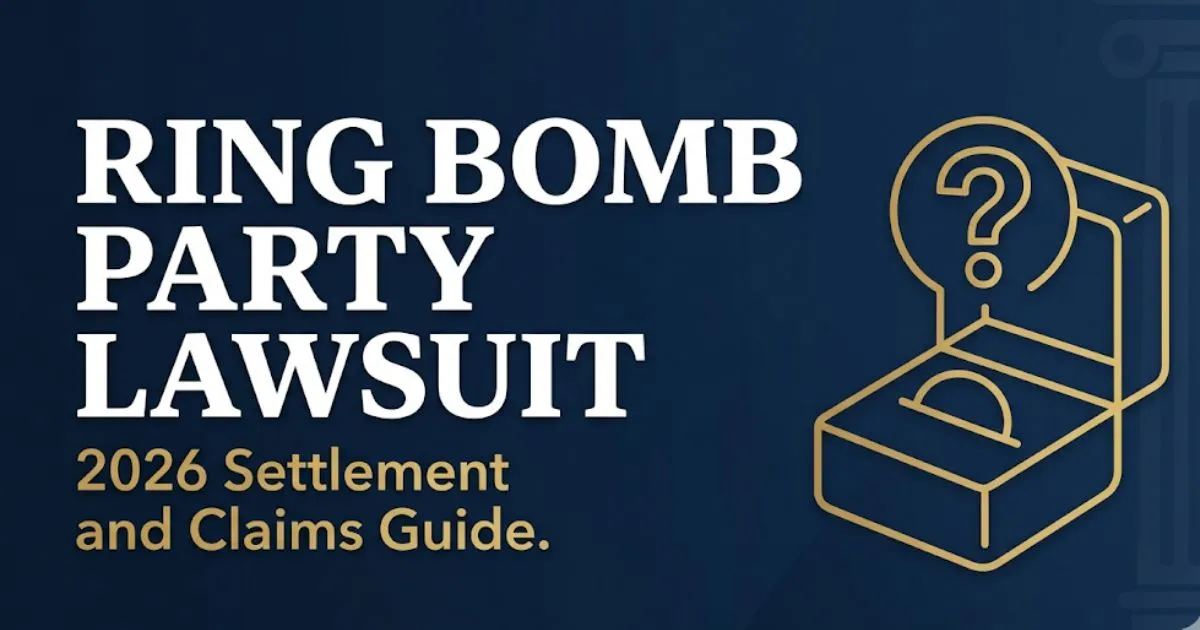 Ring bomb party lawsuit 2026 settlement guide banner with jewelry box icon and legal courthouse silhouette design